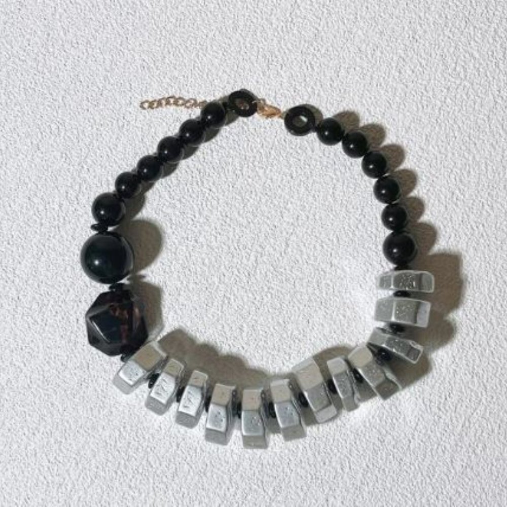 "Errielle" Bead Black and Silver Statement Necklace